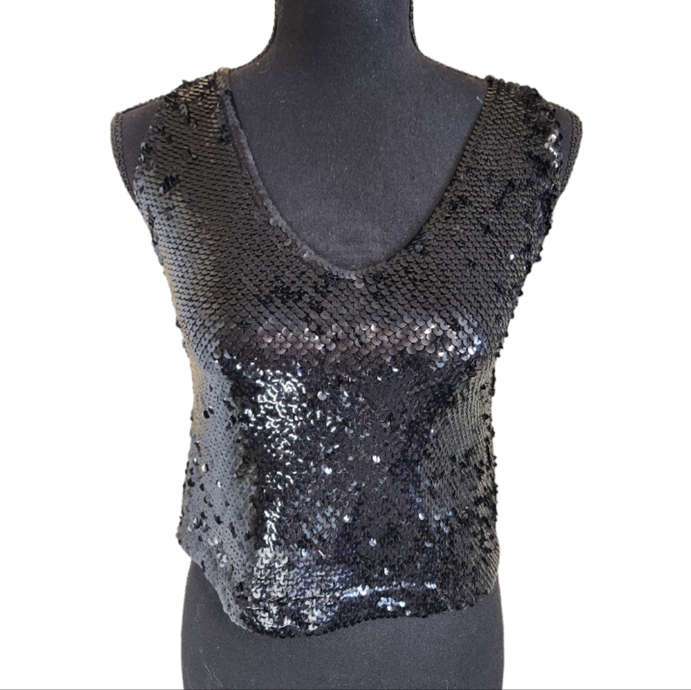 UNBRANDED sleeveless stretchy sequin shiny tank top black sz unknown